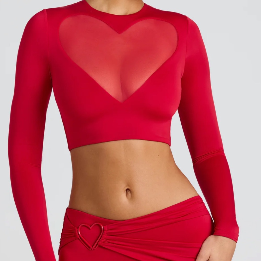 Sheer Panelled Long Sleeve Crop Top in Fire Red